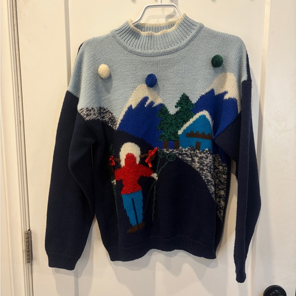 Vintage Ski Cabin Knit Sweater in Navy, Light Blue & Red - Picture 3 of 15